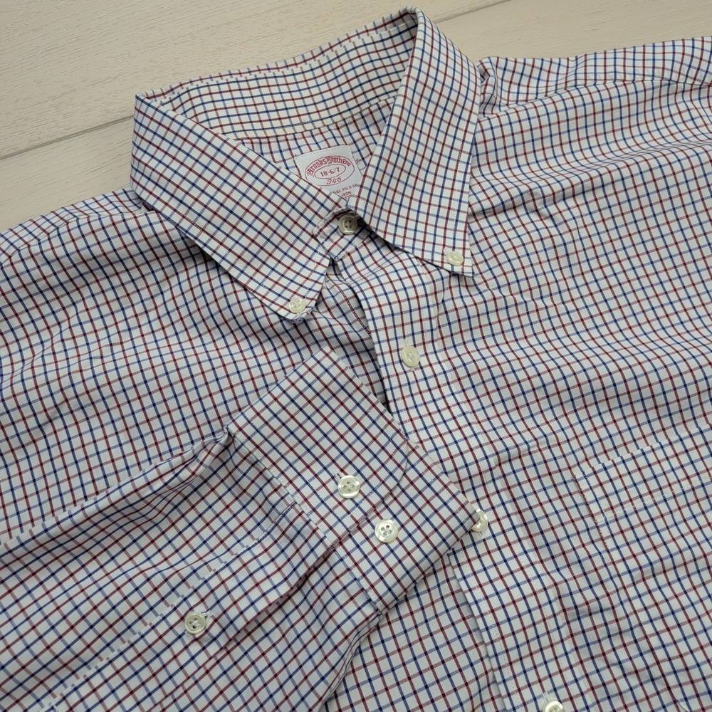 Brooks Brothers Shirt Men 18‎ 6-7 Dress Original Polo Non Iron Check Red Blue